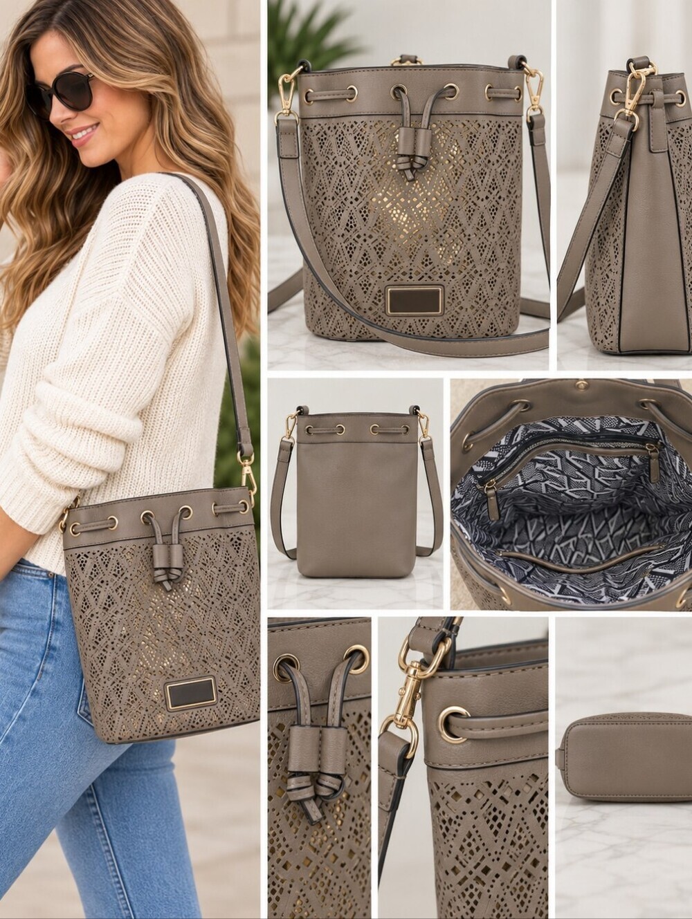 Marc New York Laser-Cut Taupe Bucket Shoulder Bag with Drawstring